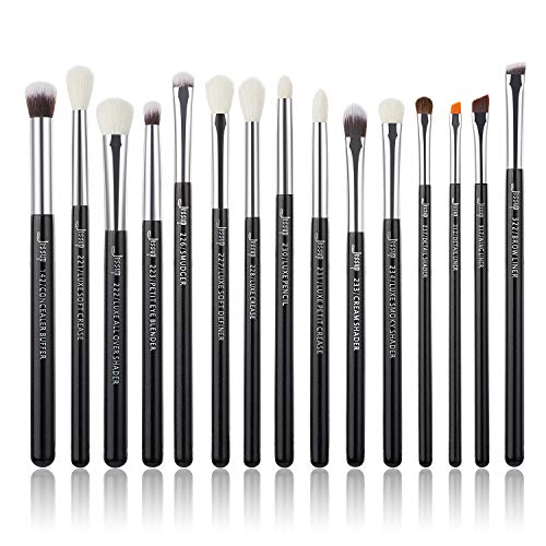 Jessup juego de 15 pinceles profesionales de maquillaje, herramientas cosméticas, para pestañas, sombras, mango de madera, cepillos sintéticos, color perla/negro/plata T177