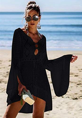 Jinsha Vestido de Playa - Mujer Pareos y Camisola de Playa Sexy Hueco Traje de Baño Punto Bikini Cover up, Negro, talla única