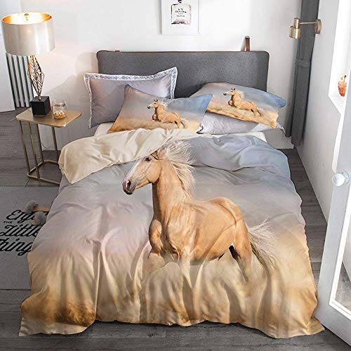 Juego de fundas nórdicas Beige, Palomino Caballo en la arena Desierto con pelo largo y rubio macho Poder animal salvaje, Juego de cama decorativo de 3 piezas King Size con 2 fundas de almohada Cuidado