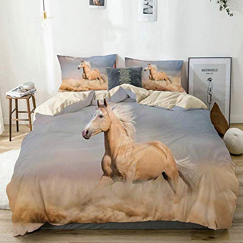 Juego de fundas nórdicas Beige, Palomino Caballo en la arena Desierto con pelo largo y rubio macho Poder animal salvaje, Juego de cama decorativo de 3 piezas King Size con 2 fundas de almohada Cuidado