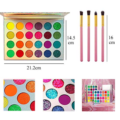 Kalolary Paleta de sombras de ojos de colores neón, 24 colores Sombra de ojos negra mate y brillante con brillo UV que brilla en la oscuridad y 4pcs Pincel de sombra de ojos rosa