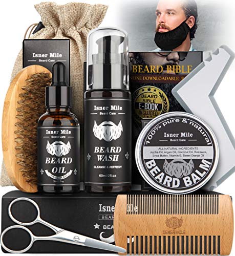 Kit Barba Cuidado Para Hombres, Set Herramientas de Aseo y Recorte Con Champú Barba, Aceite Crecimiento Barba, Bálsamo, Cepillo, Peine, Tijeras, Guía Barba, Mejores Regalos para Lui e PaPa