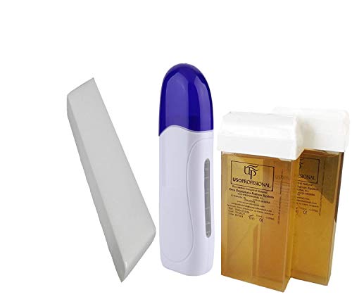 Kit de Depilación Profesional, 1 Calentador de Cera Tibia Roll-on, 2 Cartuchos de Cera(100ml/ud), 1 Paquete de Bandas Depilatorias(100uds)