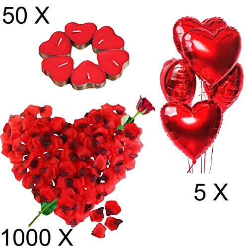 Kit Romántico de Velas y Pétalos. 50 Velas en Forma de Corazón + 1000 Pétalos de Rosa Roja de Seda + 5 Globos Corazón Rojo - Decoración para Bodas, San Valentín y Compromiso