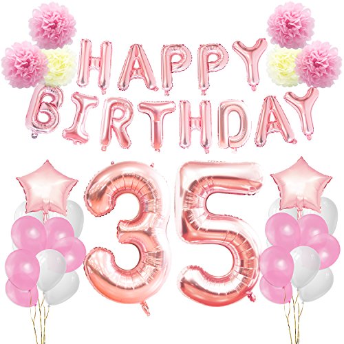 KUNGYO Decoraciones de Feliz Cumpleaños #35 Oro Rosa Happy Birthday Bandera Gigante Número 35 y Estrella de Helio Globos Cintas Flores de Papel Pom Globos de látex Fuentes Partido para Las Mujeres