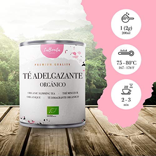 LaBonita Nature, Té Adelgazante quemagrasa para pérdida de peso. 100% Orgánico. Compuesto de té rojo pu-erh, manzana, hibisco, escaramujo y cola de caballo, [Calidad Premium], Lata granel, 100