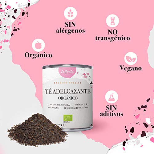 LaBonita Nature, Té Adelgazante quemagrasa para pérdida de peso. 100% Orgánico. Compuesto de té rojo pu-erh, manzana, hibisco, escaramujo y cola de caballo, [Calidad Premium], Lata granel, 100