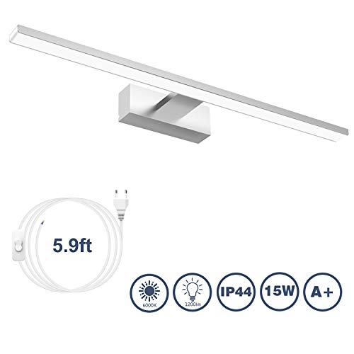 Lámpara de Espejo Aplique Baño,VITCOCO Lámpara LED 15W 1200LM 60cm Blanca Fría 6000K Luz de maquillaje Con interruptor Luz de espejo de baño impermeable IP44 [Clase de eficiencia energética A+]