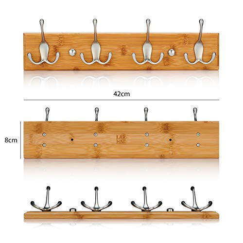 LARHN Perchero Pared Madera - 4 Colgadores Triples Montados en Tablero de Bambú – 42 cm