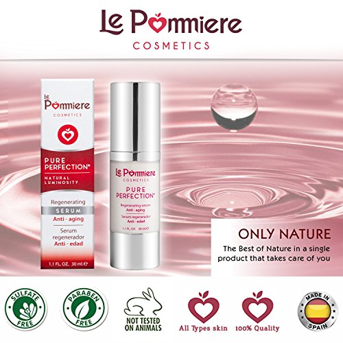 Le Pommiere serum facial hidratante ácido hialurónico antiedad 30ml. Anti arrugas piel normal, seca, grasa o mixta con vitamina A retinol, C, E, colágeno, coenzima Q10, aloe vera. Hombre & mujer