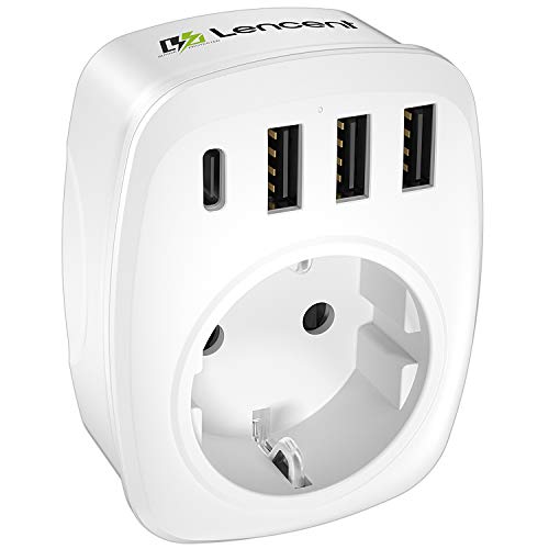 LENCENT Ladron Enchufes, Cargador USB de Pared con 1 Toma de CA (Schuko Europeo de 2 Pines) + 1 Puerto Tipo C + 3 Puertos USB, Adaptador Enchufe USB España para Smartphone Tableta [4000W/Blanco]