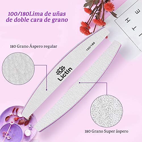 Lictin 12pcs Limas de Uñas Profesionales 100/180- Limas de Uñas de Doble Cara Desechable,Resistentes al Desgaste y Lavables, Adecuadas para Uso en Hogar y El Salón (Rosa)