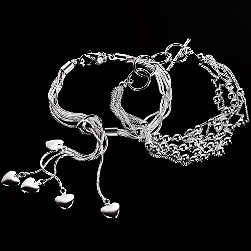 Lictin Pack de 2 Pulseras de Mujeres Plateada de Plata 925 Estilo Borla Corazon Fleco Brazalete de Mujer 20cm Regalo Cumpleaños Navidad El día de San Valentin Boda