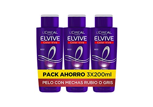 L'Oreal Paris Elvive Color Vive - Champú Violeta Matizador para Pelo Teñido, Rubio, Decolorado o Gris - Pack Ahorro de 3 Unidades x 200 ml, Total: 600 ml