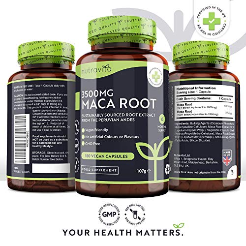 Maca Negra Andina Capsulas 3500 mg - 180 Cápsulas Veganas con Maca negra de Alta Potencia - Suministro para 6 Meses - Producto elaborado en el Reino Unido por Nutravita