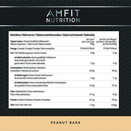 Marca Amazon- Amfit Nutrition Barra de proteína baja en azúcar (19,5gr proteina - 1,7gr azúcar) - cacahuete - Pack de 12 (12x60g)