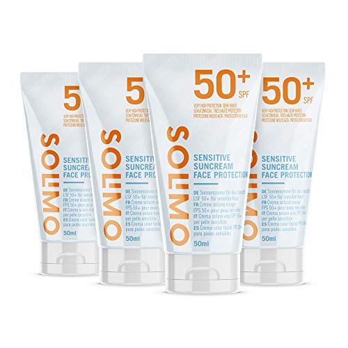 Marca Amazon - Solimo - SUN - Crema solar facial para pieles sensibles FPS 50+, con vitamin E, antioxidante (4x50 ml)