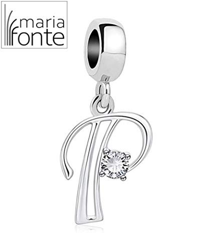 Maria Fonte - Colgante Charm Bead Charm en Forma de Letra Inicial del Nombre en Plata con Circonita, Compatible con Las Marcas más Populares de Pulseras y Collares. (Carta P)