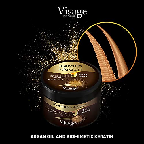 Mascarilla para el cabello de Visage con aceite de argán y queratina, para el cuidado del cabello teñido y seco, hidratante, sin experimentos con animales, tratamiento prémium de 500 ml