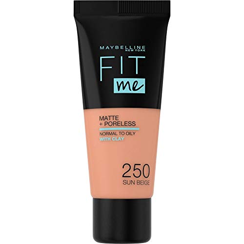 Maybelline New York - Fit Me, Base de Maquillaje Mate Afina Poros, Tono 250 Sun Beige - 30 ml