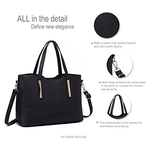 Miss Lulu Bolsas de Señoras Moda Cuero Pu 2 Piezas Totalizador Bolsos de Hombro para Mujeres (Negro)