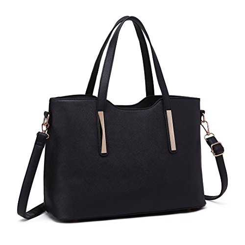 Miss Lulu Bolsas de Señoras Moda Cuero Pu 2 Piezas Totalizador Bolsos de Hombro para Mujeres (Negro)