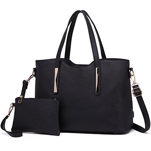 Miss Lulu Bolsas de Señoras Moda Cuero Pu 2 Piezas Totalizador Bolsos de Hombro para Mujeres (Negro)