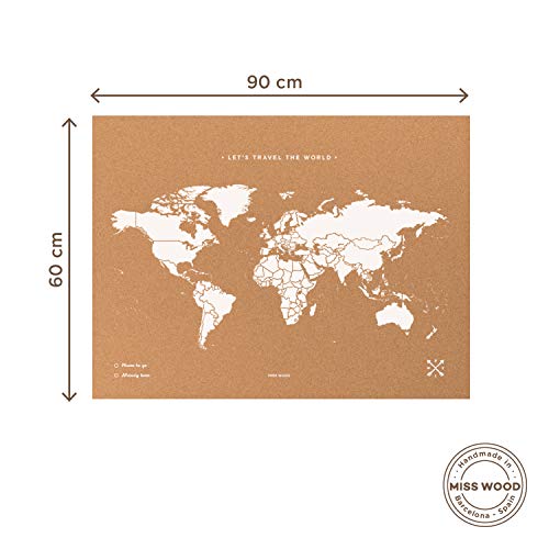 Miss Wood Map XL - Mapa del mundo de corcho, 60 x 90 cm, Blanco