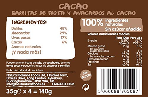 Nakd Barritas de Fruta y Frutos Secos al Cacao - Pack de 18 x 35 g, Sin Azúcar Añadido, Sin Gluten, Sin Lactosa, Vegano