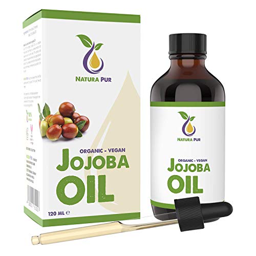 NATURA PUR Aceite de Jojoba Puro Bío Natural 120 ml - Aceite Vegetal 100% Orgánico, Prensado en Frío, Vegano de Israel - Sérum Antiedad, Antiarrugas Facial y Corporal Para Cabello, Piel, Uñas y Barba