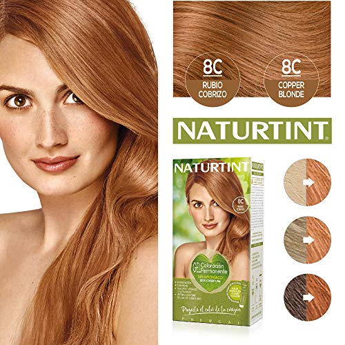 Naturtint Coloración 8C Rubio Cobrizo, 100% Cobertura de canas y Hidratación, Ingredientes Vegetales y Aceites 100% Biobotánicos, Color Natural y Duradero, Sin Amoniaco, Pack de 3.