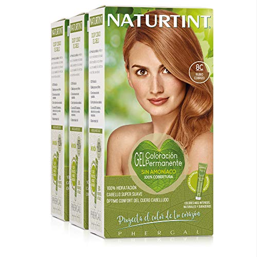 Naturtint Coloración 8C Rubio Cobrizo, 100% Cobertura de canas y Hidratación, Ingredientes Vegetales y Aceites 100% Biobotánicos, Color Natural y Duradero, Sin Amoniaco, Pack de 3.