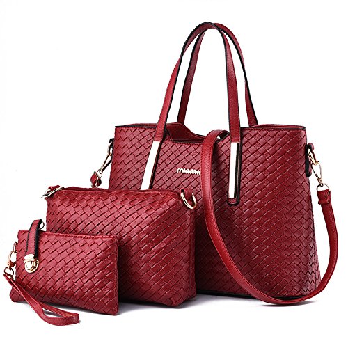 NICOLE & DORIS Bolsos para Mujeres Bolsos de asa Superior Bolso de Hombro para Mujer 3pcs Bolsos del Trabajo, Diario Vida Vino Rojo