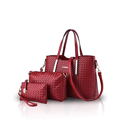 NICOLE & DORIS Bolsos para Mujeres Bolsos de asa Superior Bolso de Hombro para Mujer 3pcs Bolsos del Trabajo, Diario Vida Vino Rojo