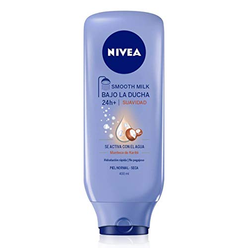 NIVEA Bajo la Ducha Smooth Milk (1 x 400 ml), leche corporal para la ducha, body milk hidratante con manteca de karité para el cuidado de la piel seca y normal