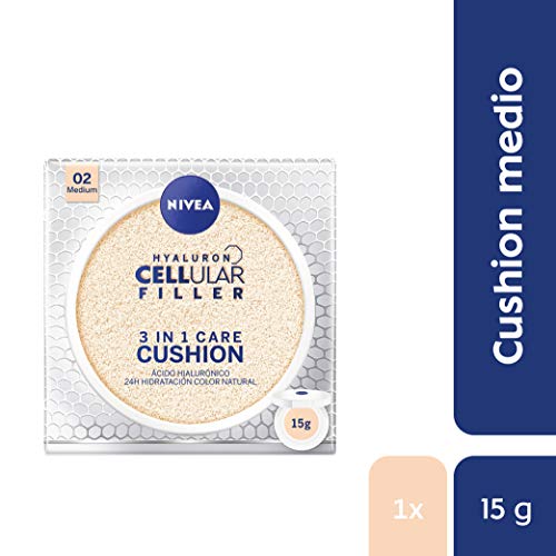 NIVEA Hyaluron Cellular Filler 3en1 Cushion Tono Medio (1 x 15 ml), cushion con pigmentos de color, cuidado facial antiedad con protección solar 15 para una piel radiante (84229)