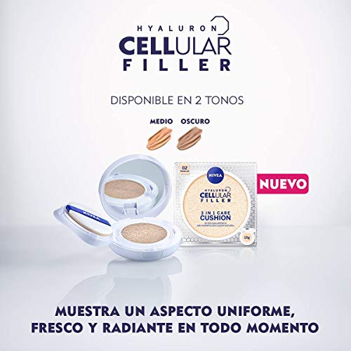 NIVEA Hyaluron Cellular Filler 3en1 Cushion Tono Oscuro (1 x 15 ml), cushion con pigmentos de color, cuidado facial con protección solar 15 para una piel radiante