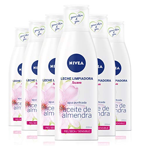 NIVEA Leche Limpiadora Suave en pack de 6 (6 x 200 ml), limpiador facial con aceite de almendras, leche hidratante para piel seca y sensible