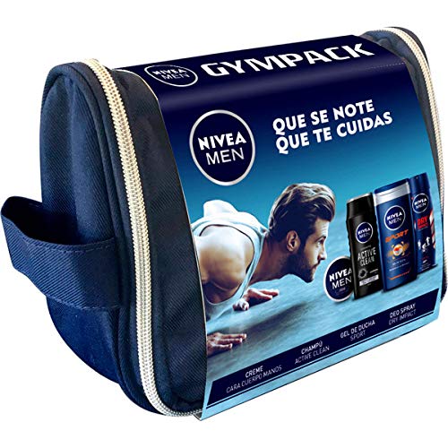 NIVEA MEN Neceser Gimnasio Gympack, neceser de regalo con gel de ducha (1 x 250 ml), champú (1 x 250 ml), desodorante roll on (1 x 50 ml) y NIVEA MEN Creme (1 x 75 ml)