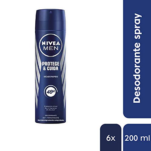 NIVEA MEN Protege & Cuida Spray, desodorante para hombre con máxima protección 48 horas, spray antitranspirante de cuidado masculino, 0% alcohol - pack de 6 x 200 ml