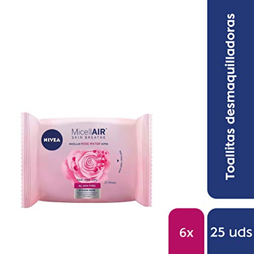 NIVEA MicellAIR Toallitas Desmaquilladoras Micelares con Agua de Rosas en pack de 6 (6 x 25 uds), toallitas de limpieza facial con tecnología micelar para una piel suave