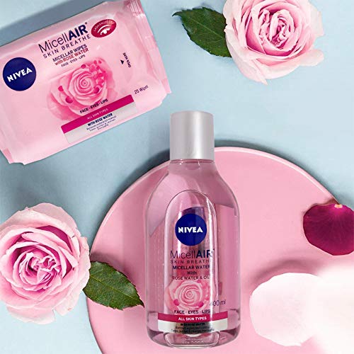 NIVEA MicellAIR Toallitas Desmaquilladoras Micelares con Agua de Rosas en pack de 6 (6 x 25 uds), toallitas de limpieza facial con tecnología micelar para una piel suave