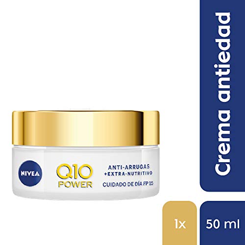 NIVEA Q10 Power Antiarrugas Crema de Día Extra-Nutritiva, crema facial antiarrugas con coenzima Q10 y aceite de argán, crema antiedad con FP15 para piel seca - 1 x 50 ml