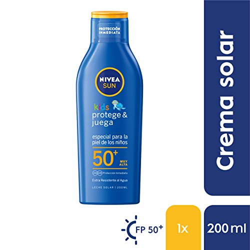 Nivea Sun Leche Solar Niños Protege Juega FP50+ (1 x 200 ml) protector solar infantil resistente al agua, protección solar muy alta