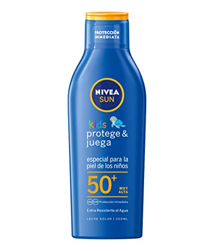 Nivea Sun Leche Solar Niños Protege Juega FP50+ (1 x 200 ml) protector solar infantil resistente al agua, protección solar muy alta