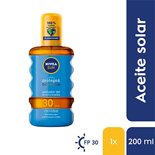 NIVEA SUN Protege & Broncea Aceite Solar FP30 (1 x 200 ml), activador del bronceado, protección solar alta resistente al agua con 0% autobronceador