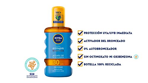 NIVEA SUN Protege & Broncea Aceite Solar FP30 (1 x 200 ml), activador del bronceado, protección solar alta resistente al agua con 0% autobronceador