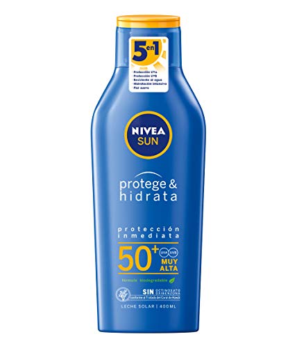 NIVEA SUN Protege & Hidrata Leche Solar FP50+ (1 x 400 ml), protector solar hidratante y resistente al agua con protección UVA/UVB, protección solar muy alta