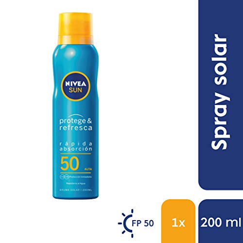 NIVEA SUN Protege & Refresca Spray Bruma Solar FP50 (1 x 200 ml), protector solar en spray transparente, bruma refrescante y resistente al agua