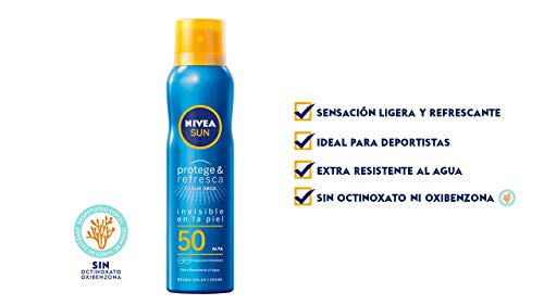 NIVEA SUN Protege & Refresca Spray Bruma Solar FP50 (1 x 200 ml), protector solar en spray transparente, bruma refrescante y resistente al agua